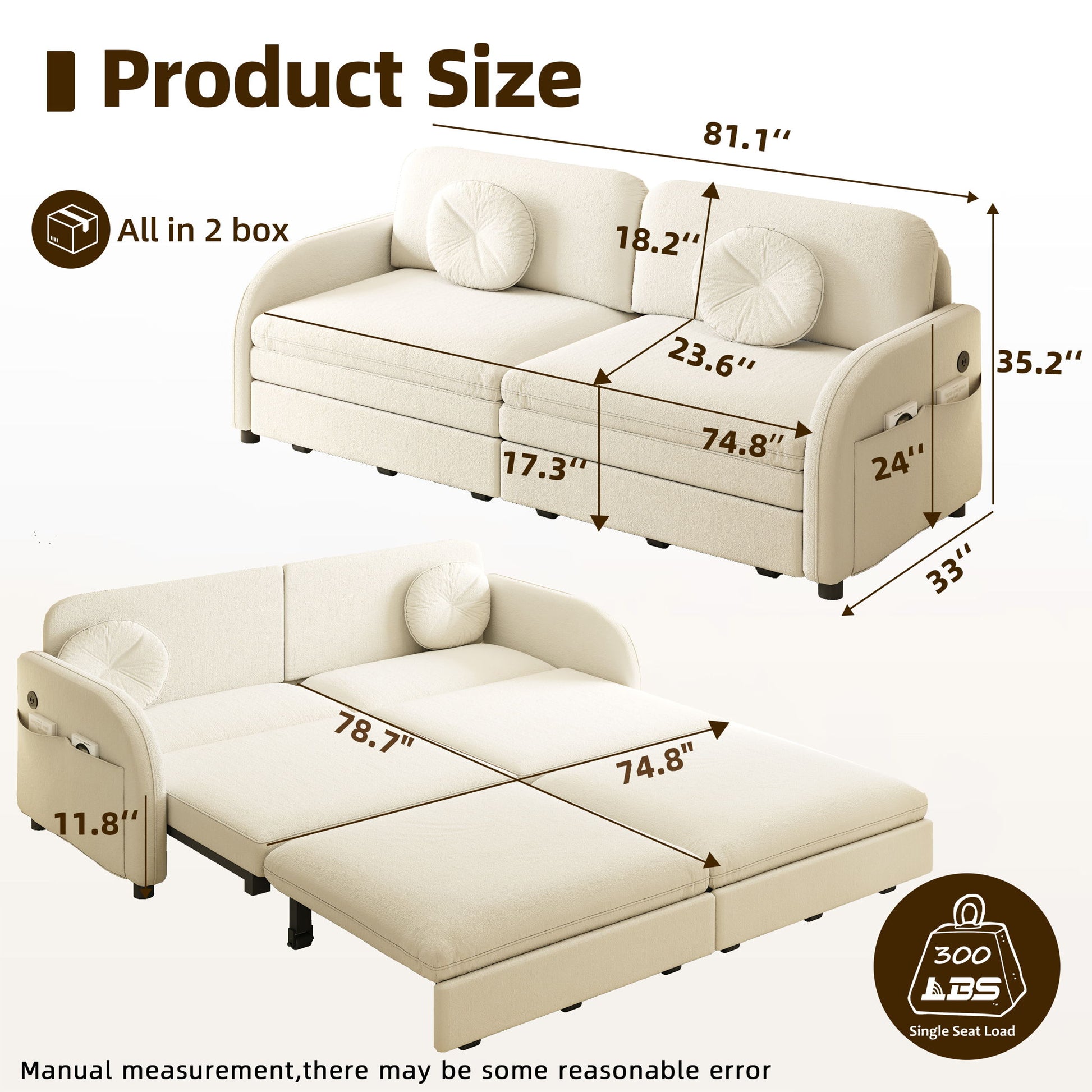 Upholstered Pull Out Couch With Side Pocket & USB Port