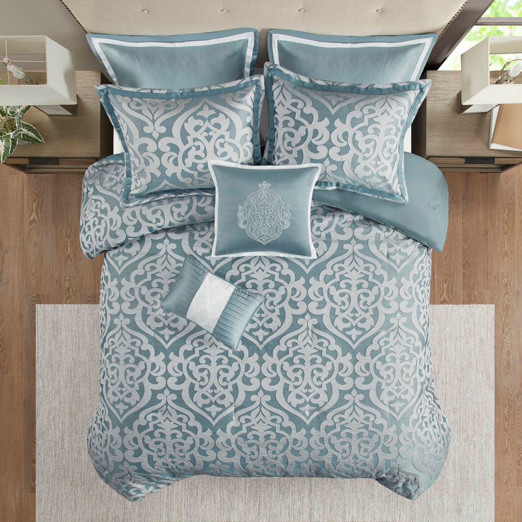 Odette - 8 Piece Jacquard Comforter Set - Aqua