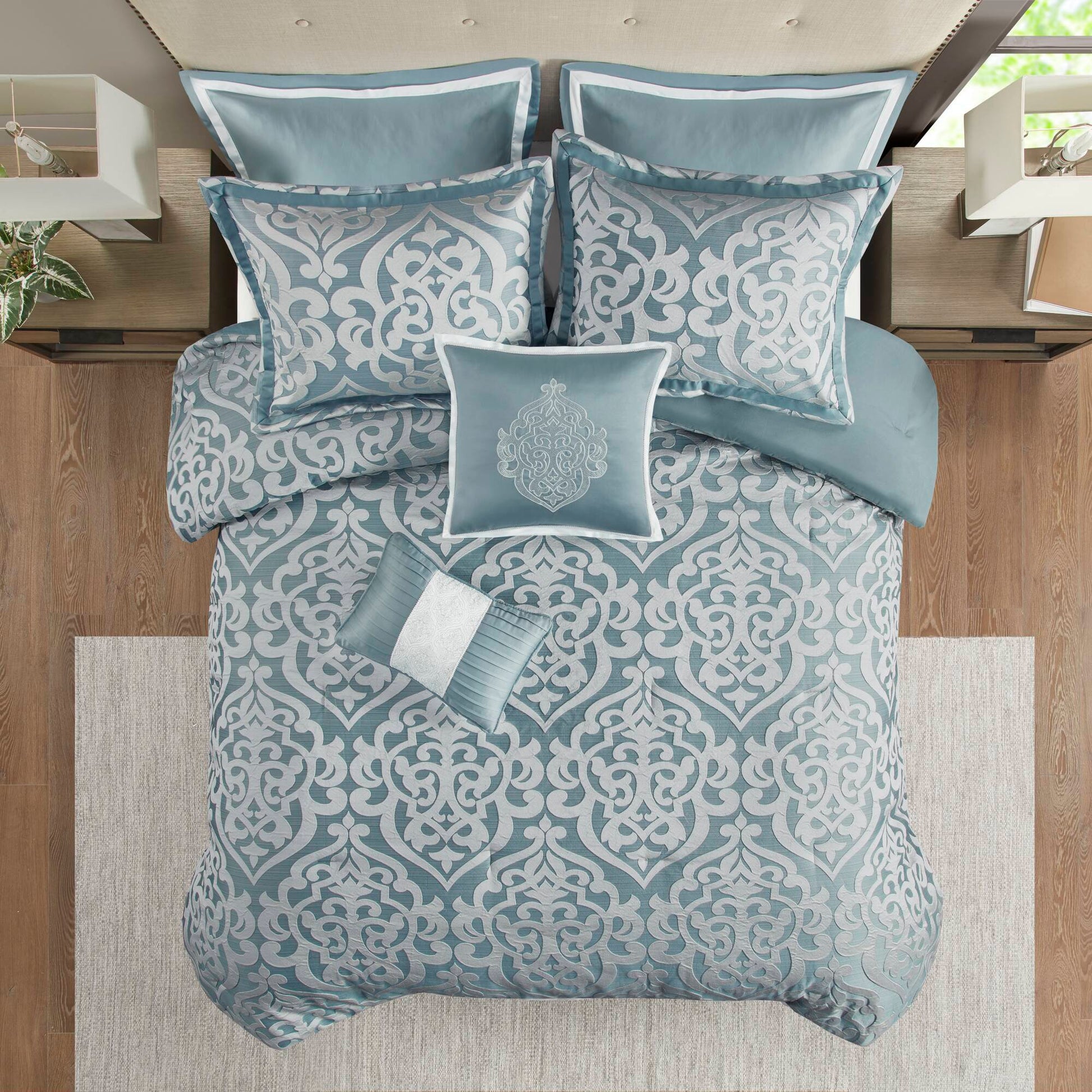 Odette - 8 Piece Jacquard Comforter Set - Aqua