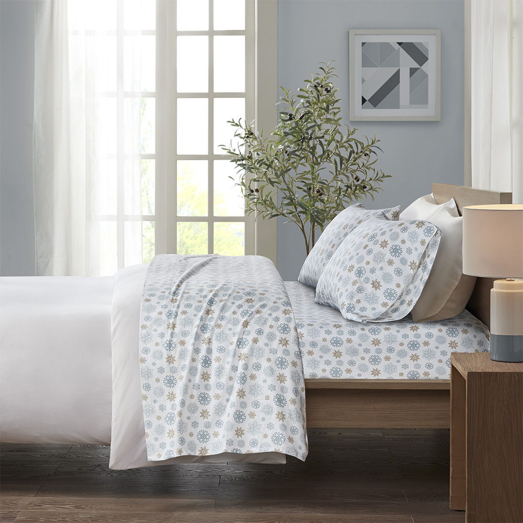 Cozy Flannel - King Sheet Set - Tan / Blue Snowflakes