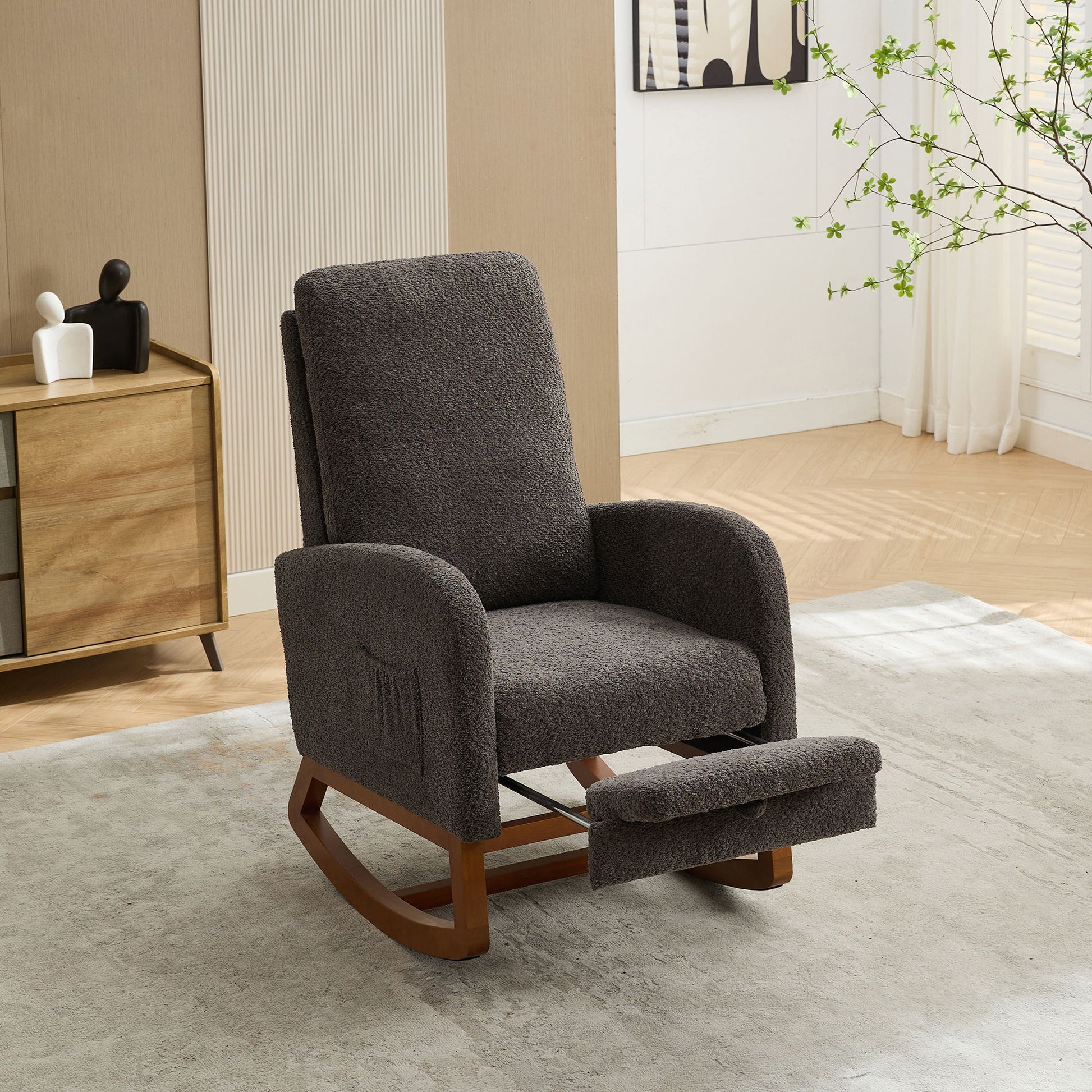 High Back Glider Rocking Chair With Retractable Footrest And Rubber Wood Legs