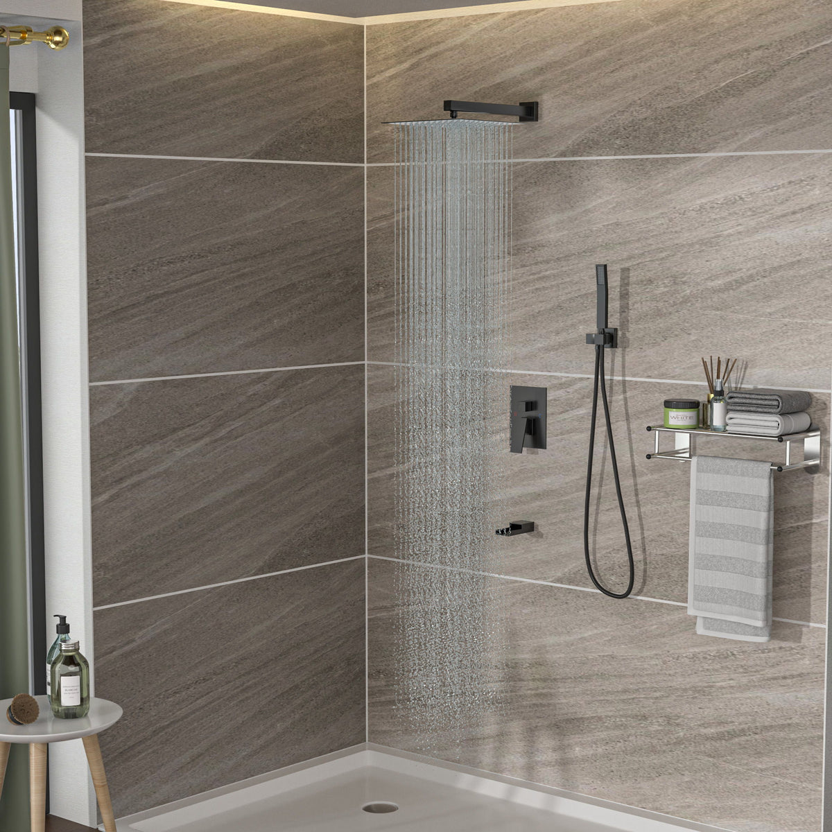 Wall Mounted Square Shower System With Rainfall Tub Spout And Handheld Shower, 10" - Matte Black