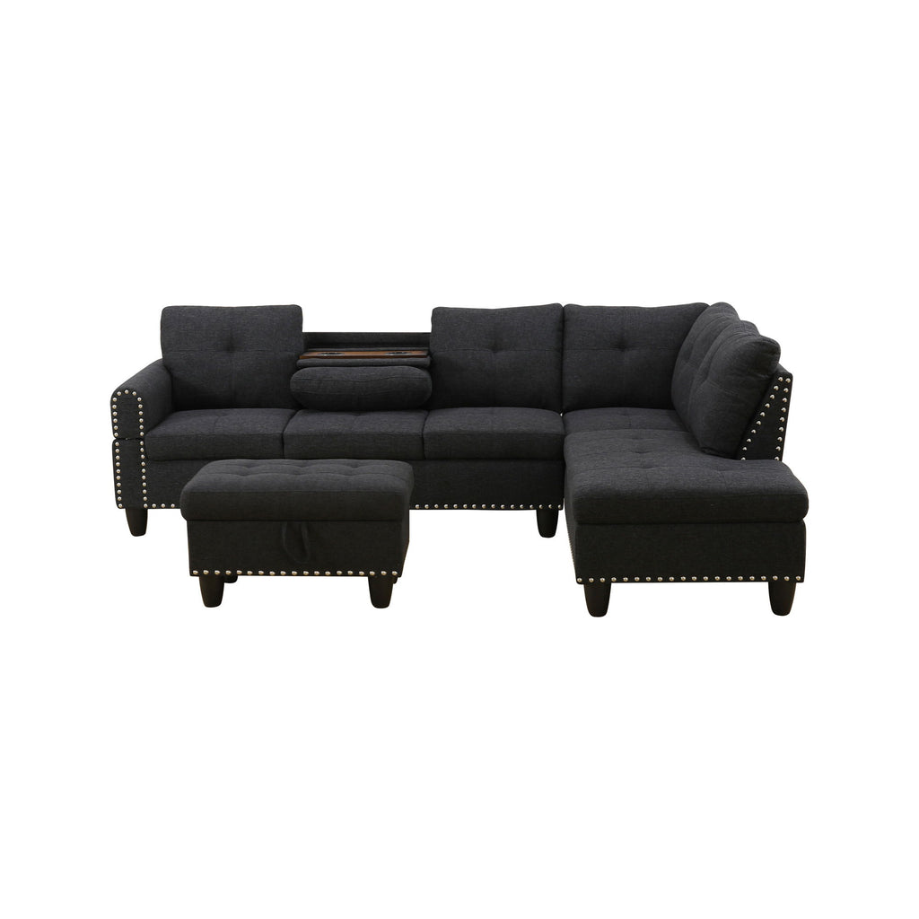 L - Shaped 3 Piece Sectional Sofa With Chaise, Storage Ottoman & Cup Holders