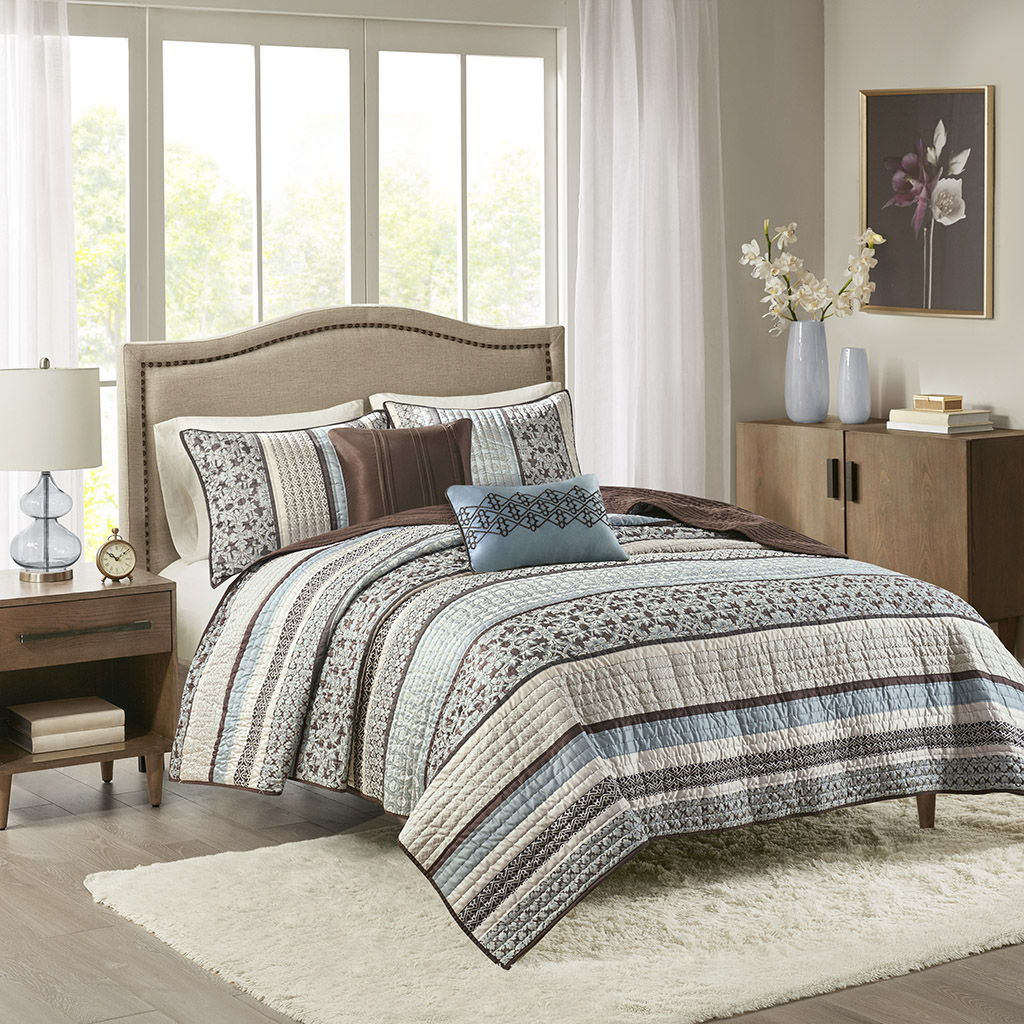 Princeton - 5 Piece Reversible Coverlet Set - Blue