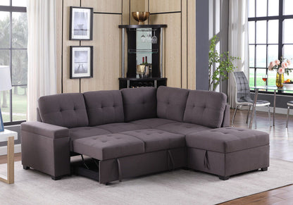 Katie - Linen Sleeper Sectional Sofa With Storage Ottoman, Storage Arm - Brown