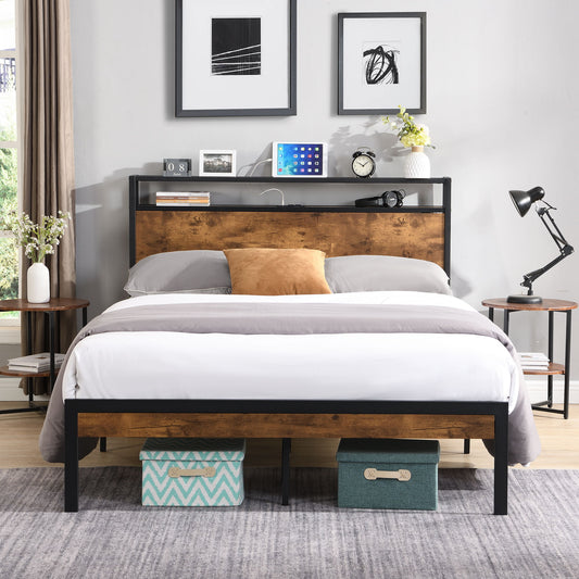 Queen Size Metal Platform Bed Frame With Wooden Headboard And Footboard With USB Liner, No Box Spring Needed - Brown