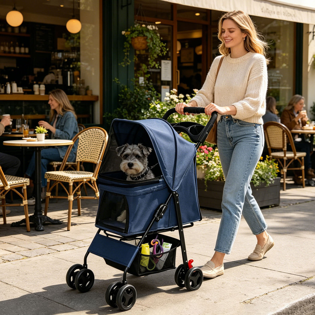 Foldable Pet Stroller For Small Dogs And Cats With Multi Functional Tray