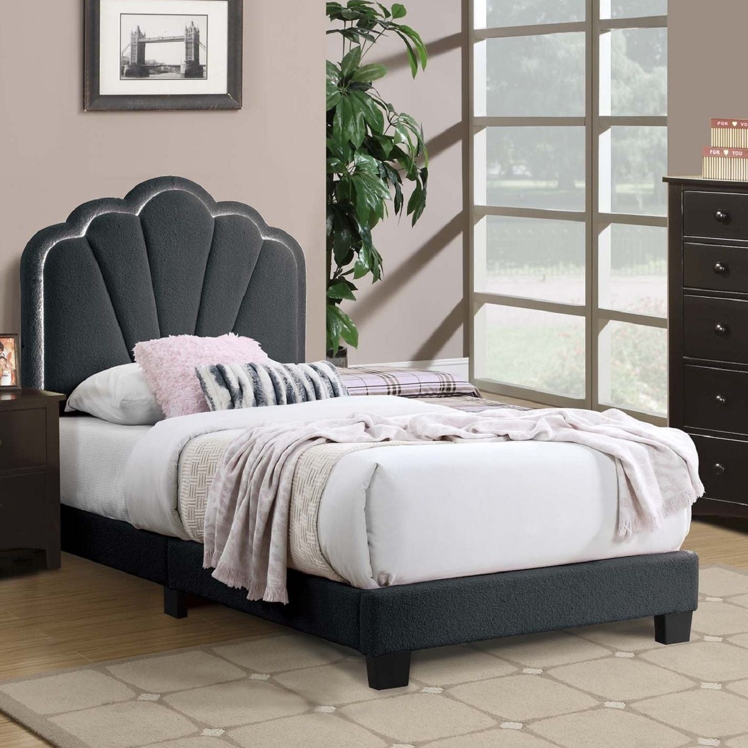 Bed With Floral Design Headboard And Built In LED Lighting