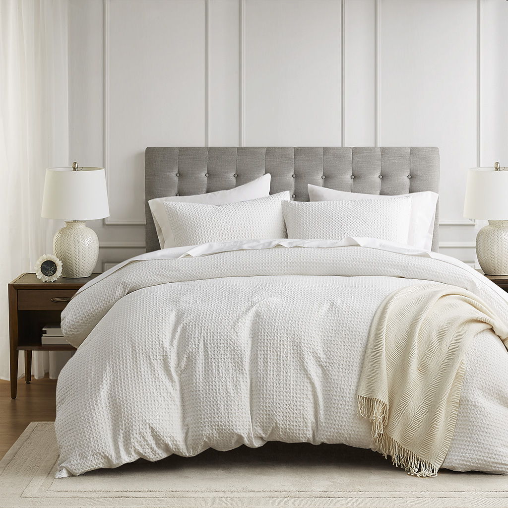 Mina - King/California King Waffle Weave Textured Duvet Cover Set - Neutral
