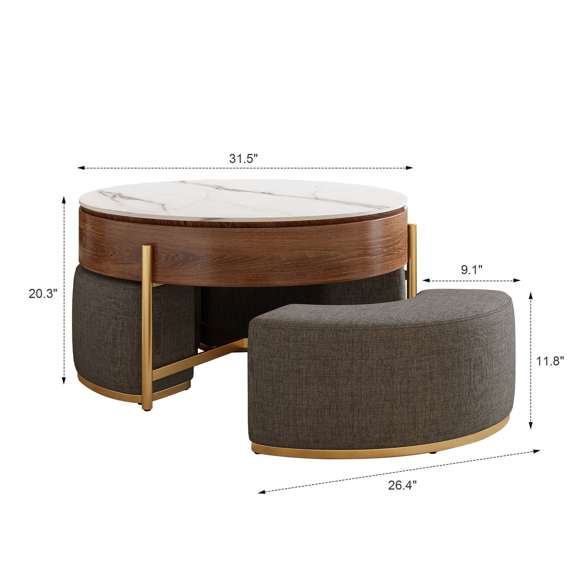 Lift Top Round Coffee Table With Hidden Storage, 3 Upholstered Nesting Ottomans - Brown / Gray / Golden / White