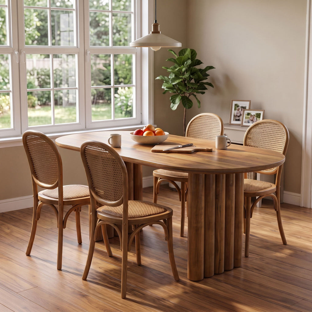Oval Dining Table Set With 4 Birch Rattan Chairs - Brown / Light Brown