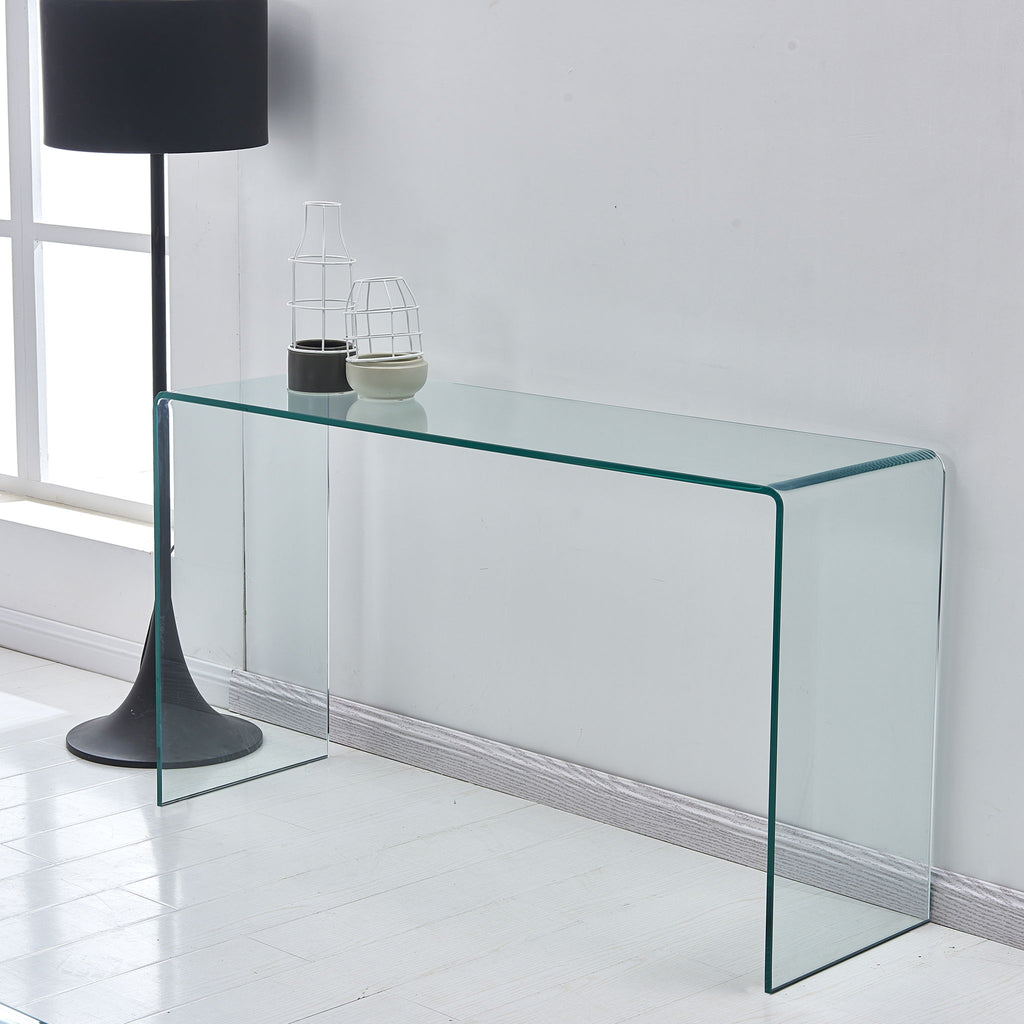 Elegant Transparent Tempered Glass Console Table With Rounded Edges, Modern Sofa Table - Clear