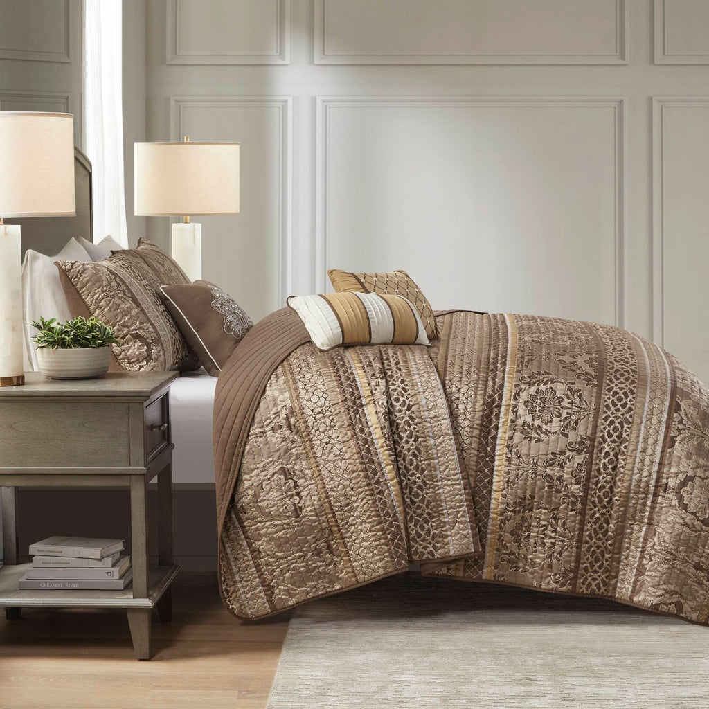Bellagio - 6 Piece Reversible Coverlet Set - Brown / Gold