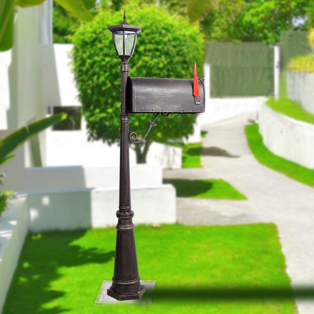 Stratford - Heavy Duty Cast Aluminum Mailbox With Post And Solar Light, Fluted Base, Decorative Modern Mailbox - Brown