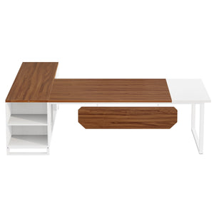 L-Shaped Executive Desk With File Cabinet, Large Workspace For Home Office - White / Walnut