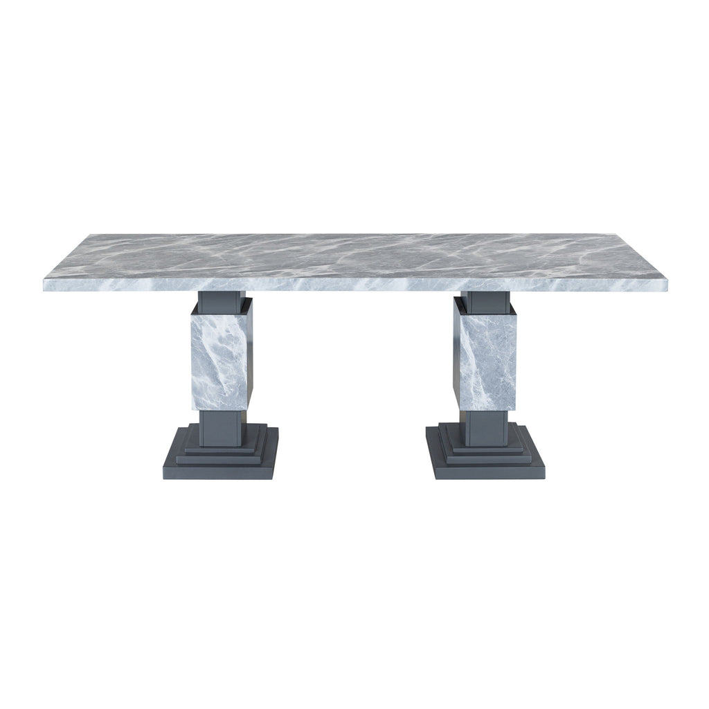 Michelle - Dining Table With Double Pedestal Marble Detailing - Gray