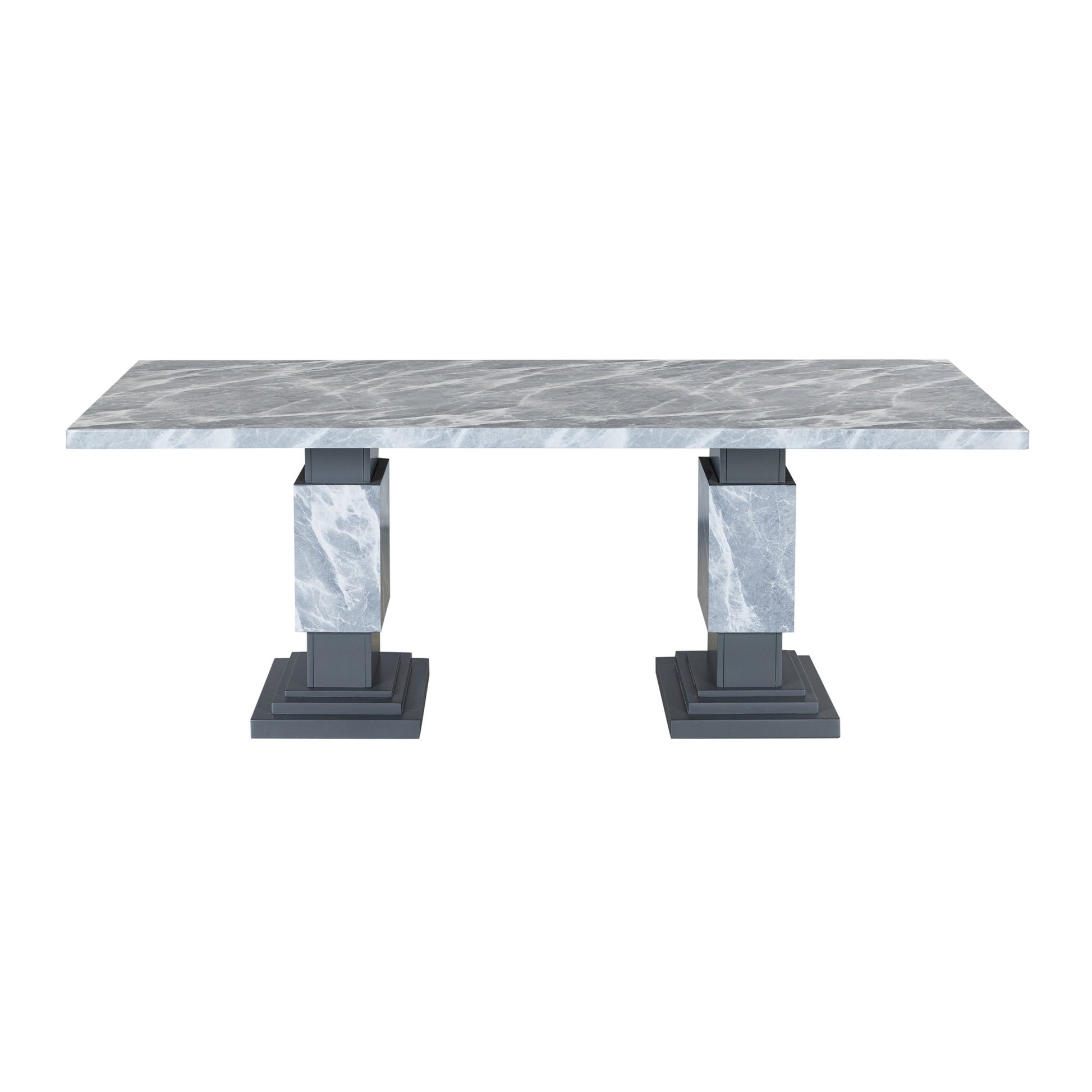 Michelle - Dining Table With Double Pedestal Marble Detailing - Gray