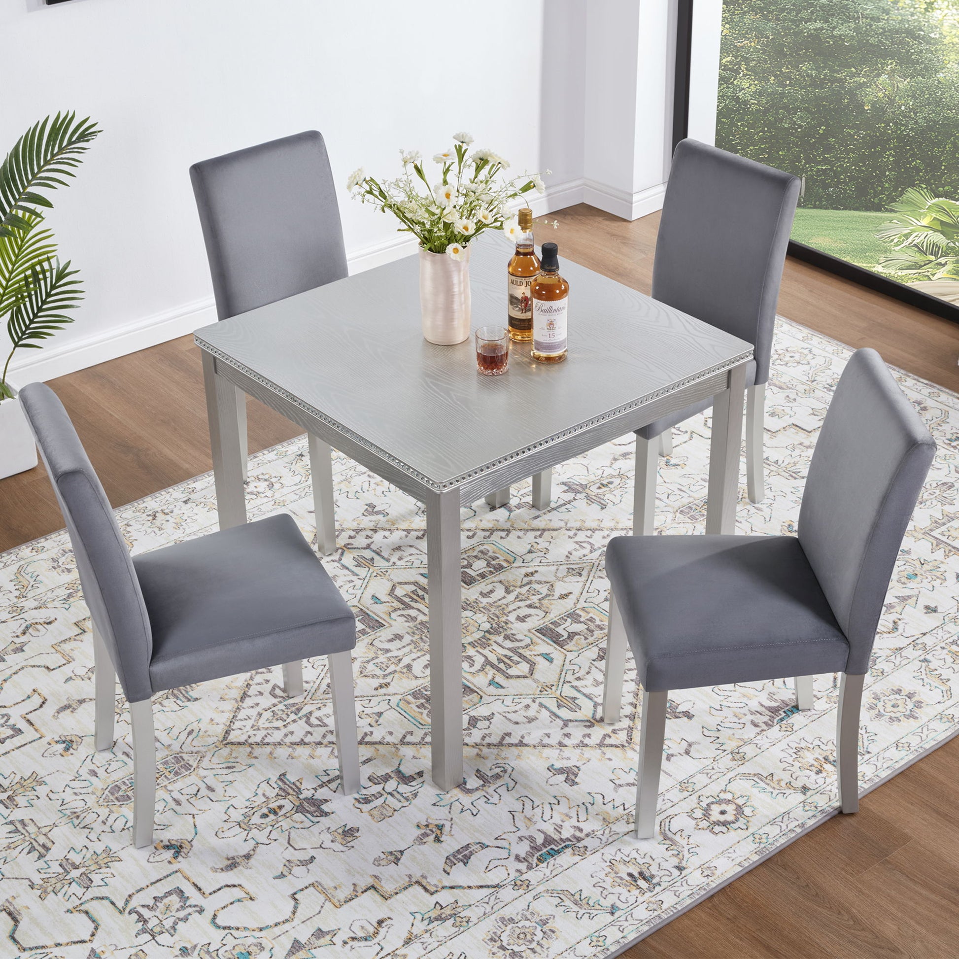 5 Pieces Wooden Dining Table Set, Square Table And 4 Upholstered Chairs