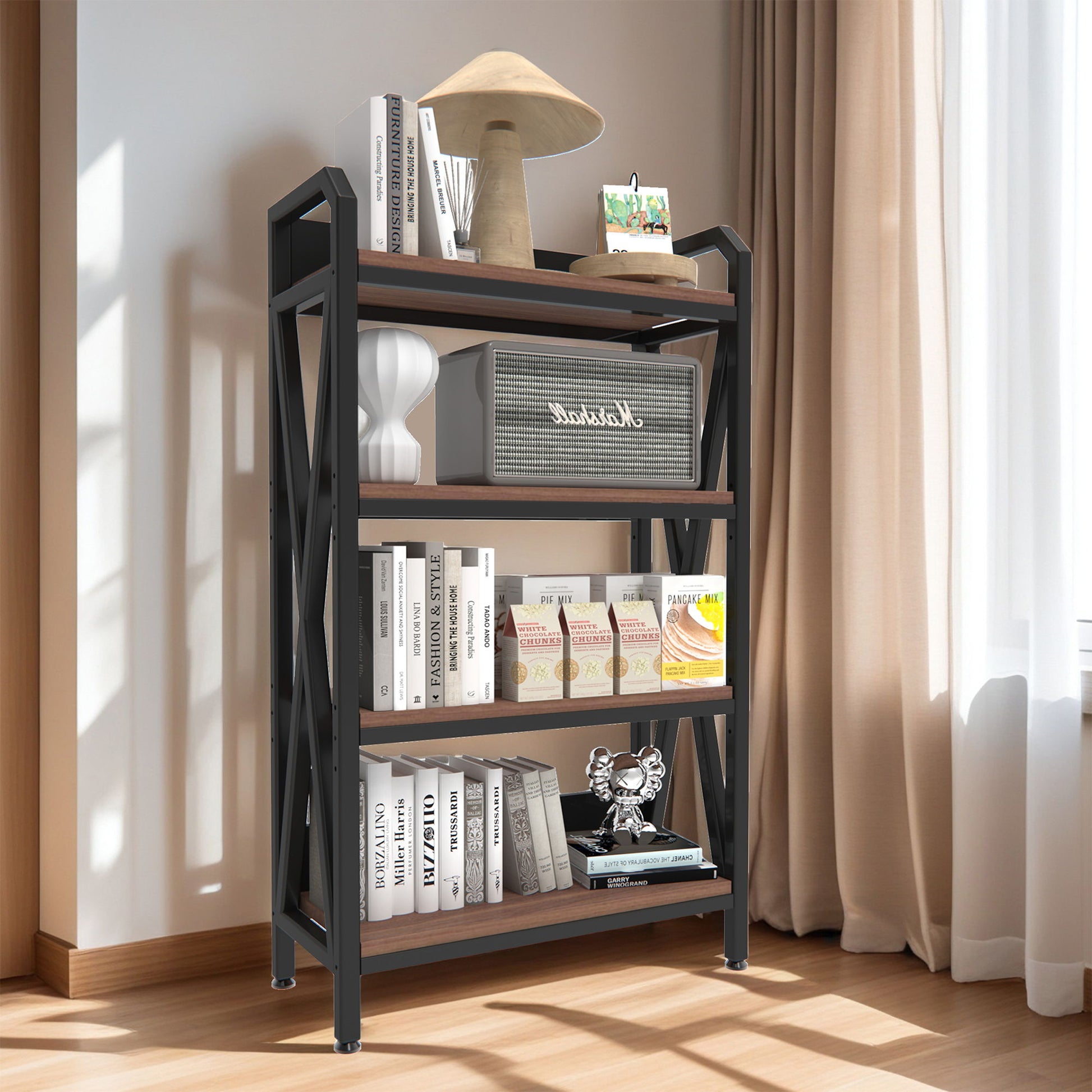 Bakers Rack Storage Shelves 4 Level Mental And Wooden Kitchen Shelves, Kitchen Organizers And Storage, For Garage, Pantry, Bathroom, Closet - Black / Black Brown