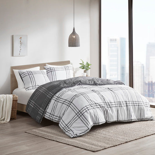 Pike - Plaid Reversible Comforter Set - White/Gray