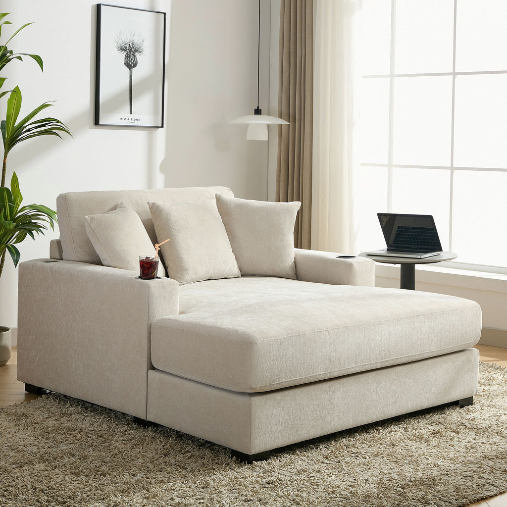 Oversized Chaise Lounger Modern Style Sofa Couch With Pillows, Charge Station & Cup Holders