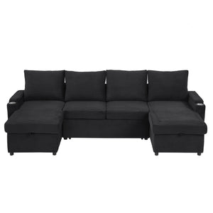 U Shaped Sectional Sofa Bed With Storage Chaise Lounges, USB Ports, And Cup Holders