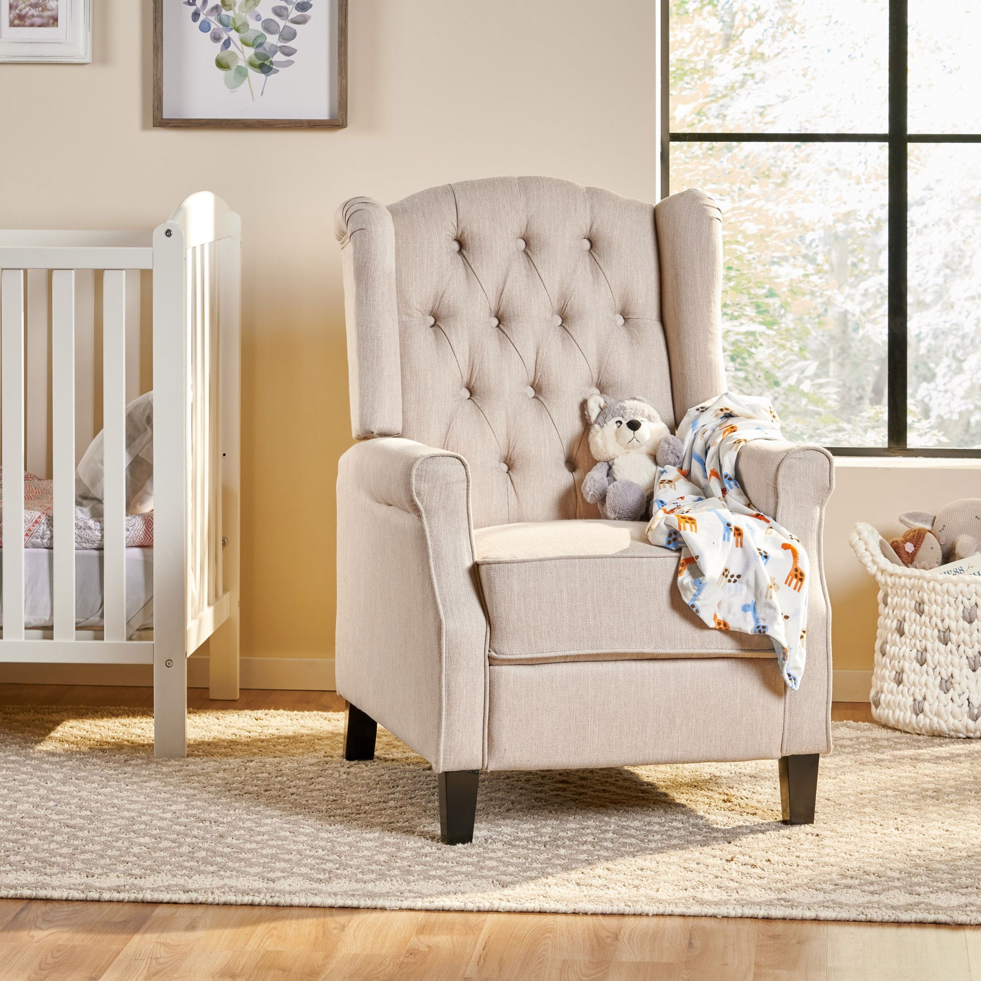 Contemporary Tufted Fabric Push Back Recliner - Beige