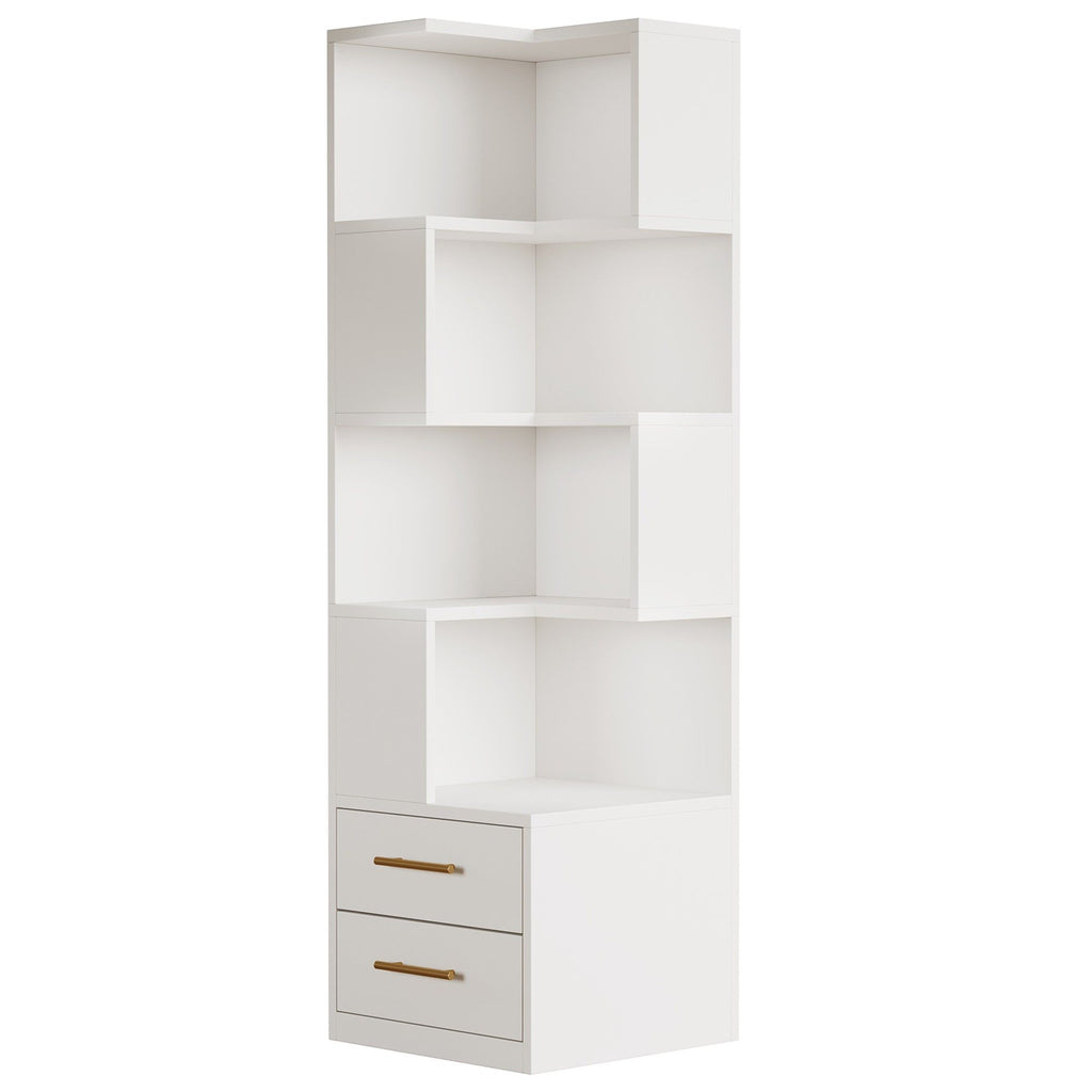 Corner Bookshelf With 2 Drawers, 5 Tier Bookcase For Apartment - White