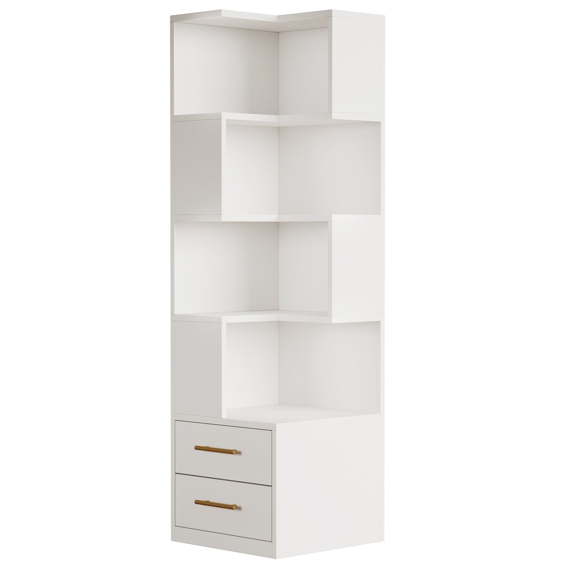 Corner Bookshelf With 2 Drawers, 5 Tier Bookcase For Apartment - White