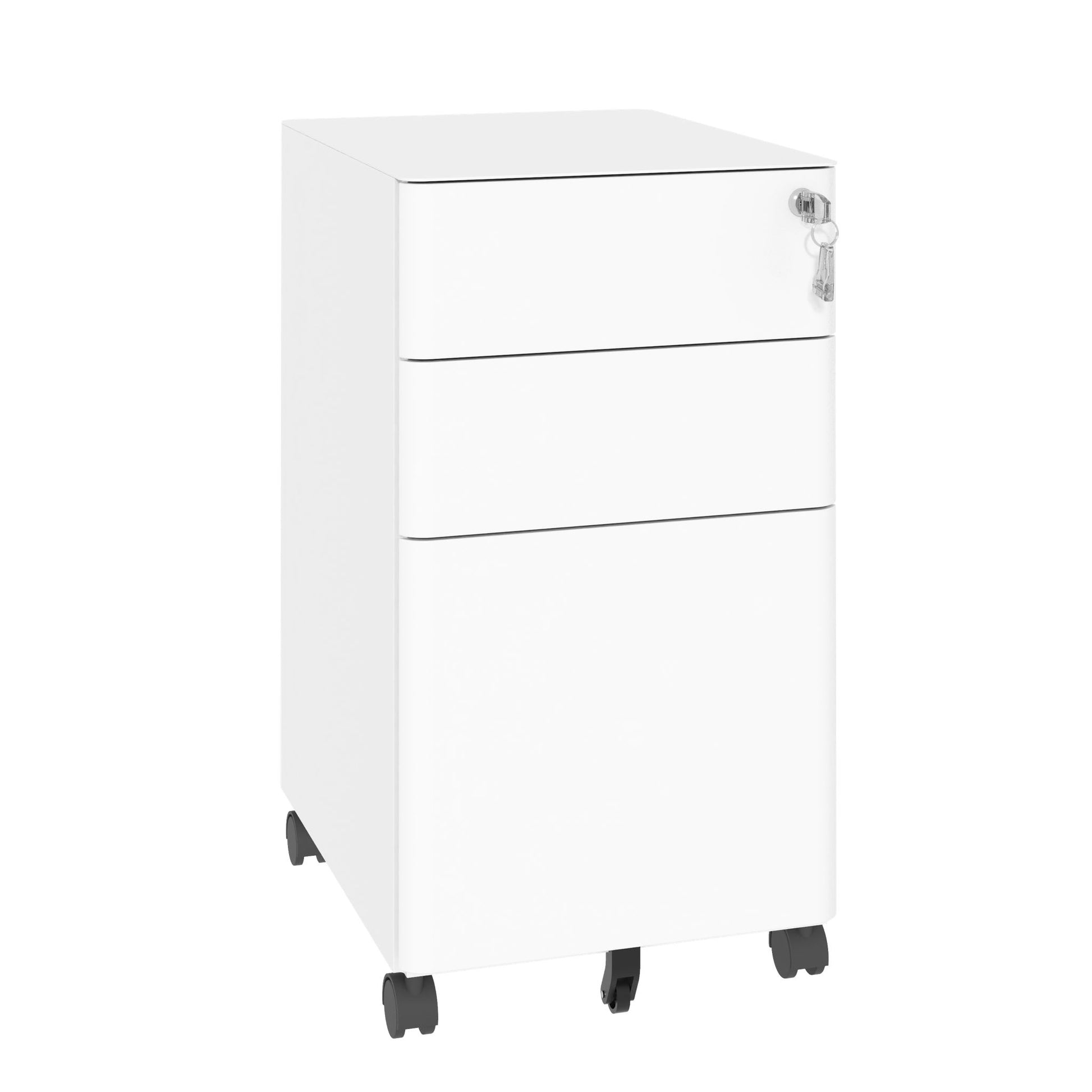 3-Drawer Mobile File Cabinet With Lock, On Wheels, Two Shallow & One Deep Drawer For Office/Home, Fully Assembled - White