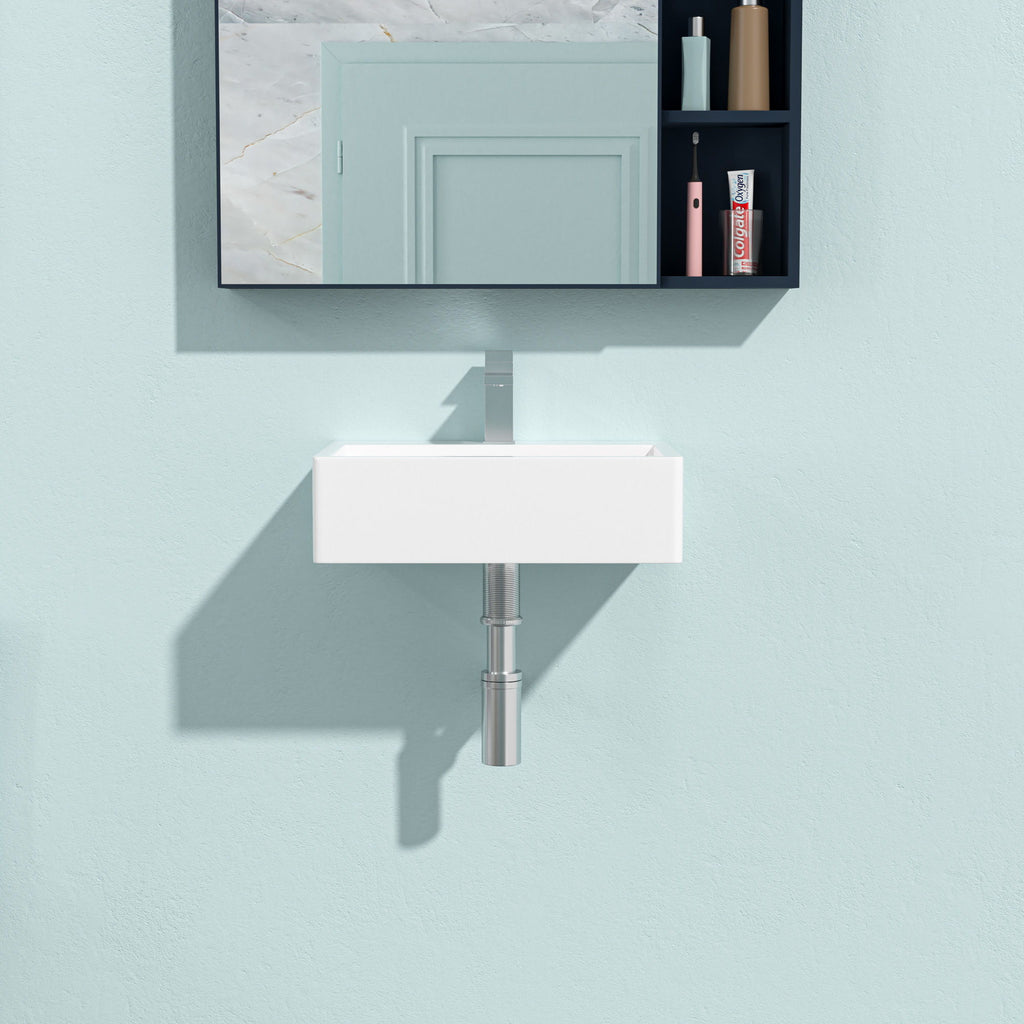 Modern Ceramic Rectangular Wall Mounted Bathroom Sink With Faucet Hole & Overflow