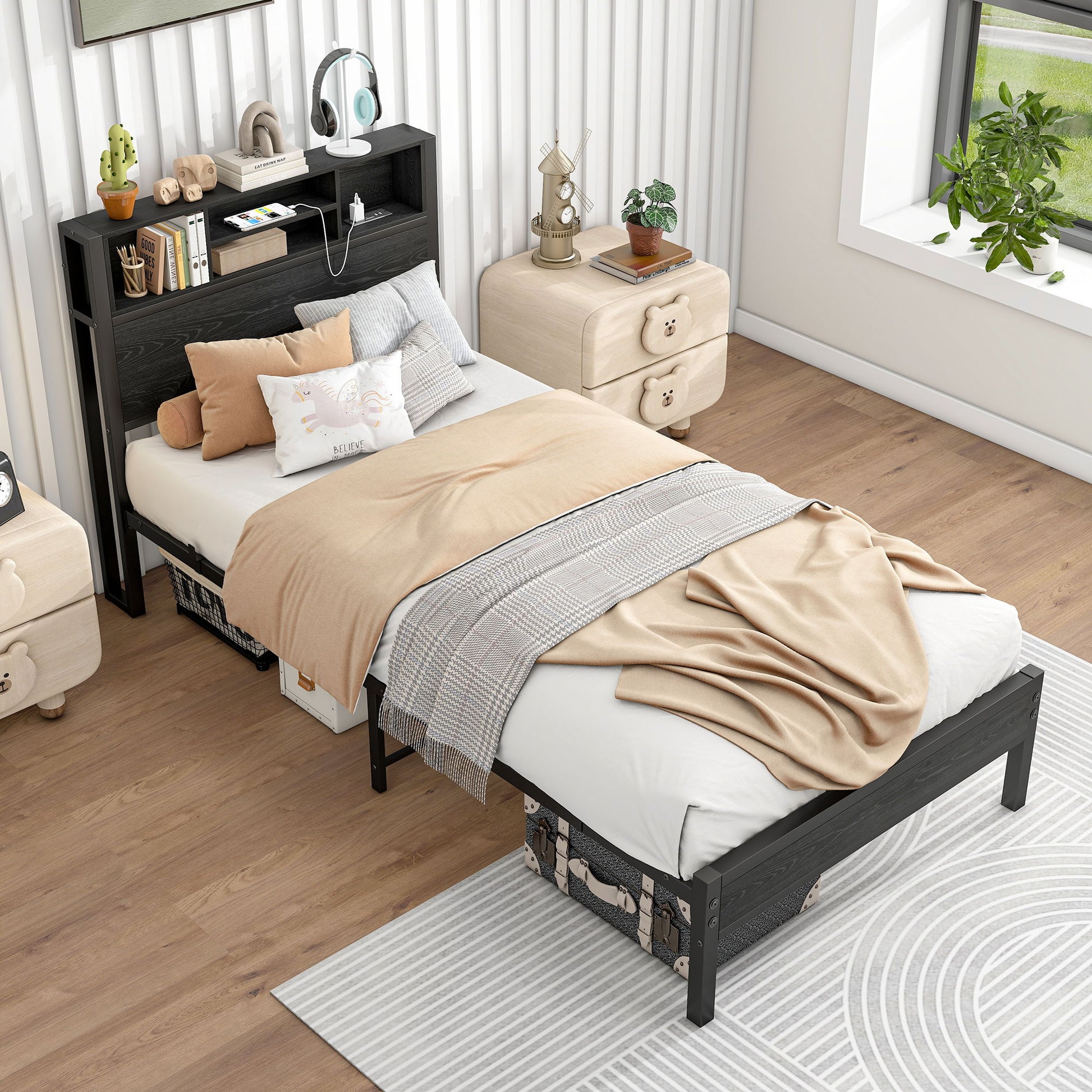 Modern Metal Platform Bed Frame With Storage Headboard And Charging Station