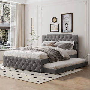 Upholstered Platform Bed With Trundle And 2 Sets Of USB Ports On Each Side, Fabric