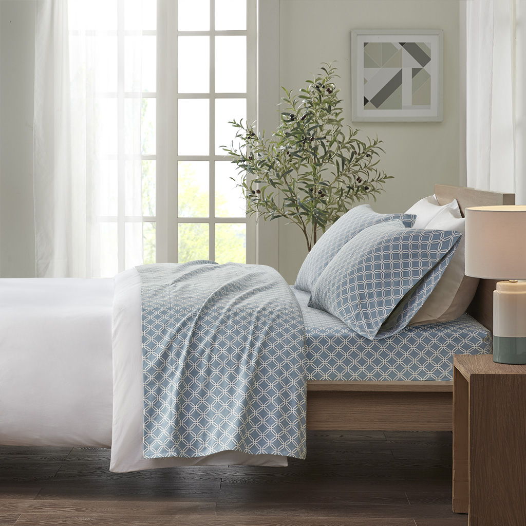 Cozy Flannel - Twin Long Printed Sheet Set - Blue Geo