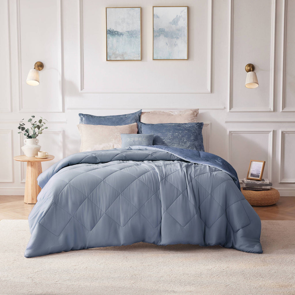 Felicia - Velvet Twin Duvet Cover Set With Throw Pillow - Blue