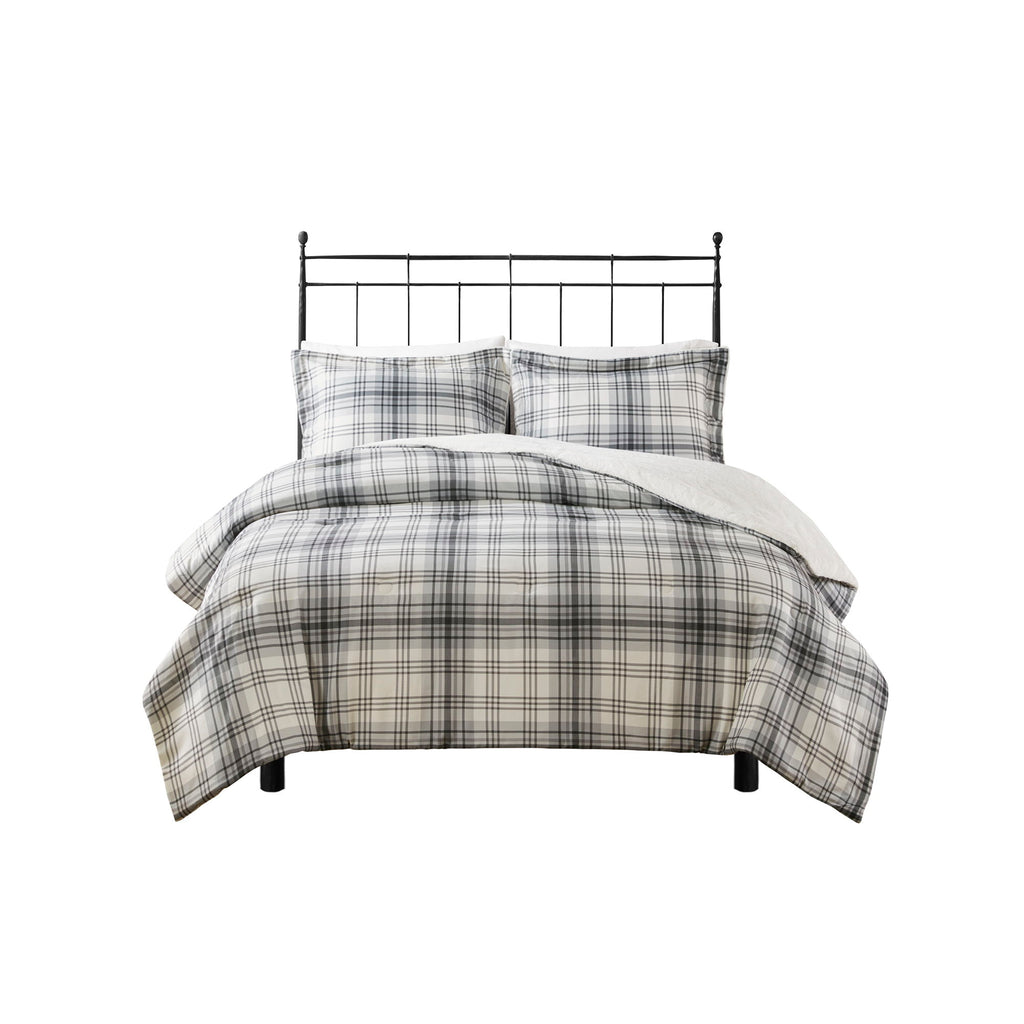 Bernston - Faux Wool to Faux Fur Down Alternative Queen Comforter Set - Gray Plaid