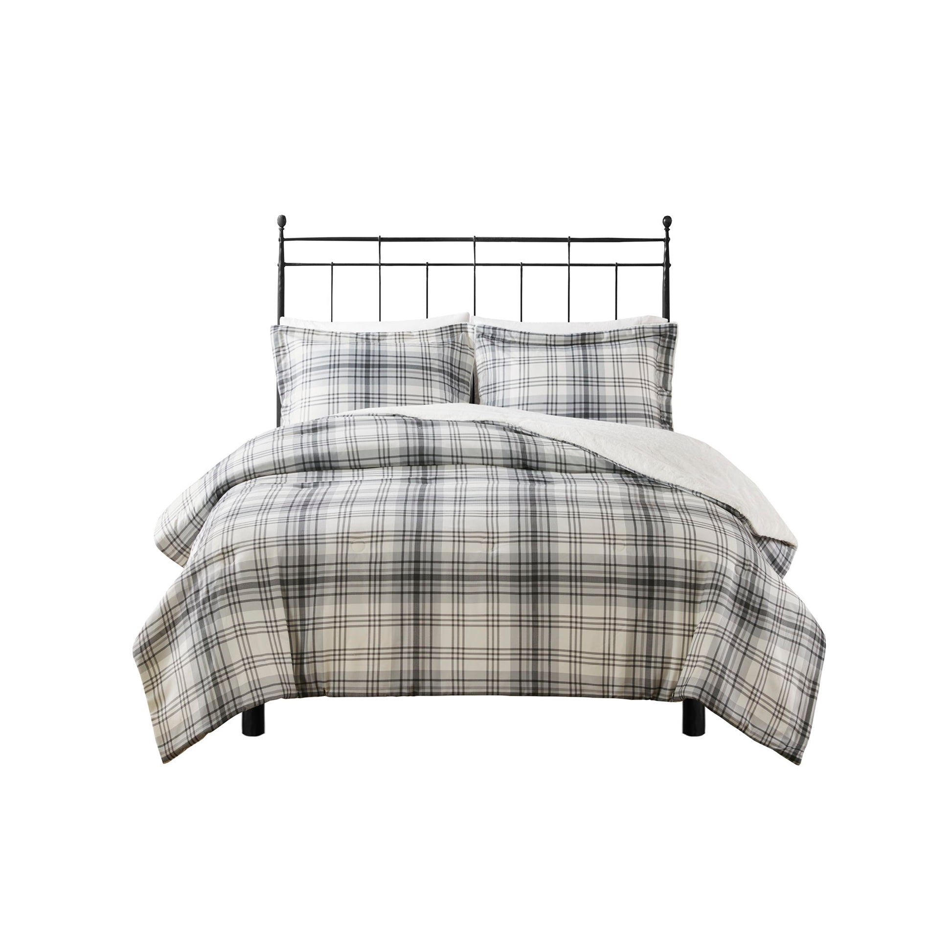 Bernston - Faux Wool to Faux Fur Down Alternative Queen Comforter Set - Gray Plaid