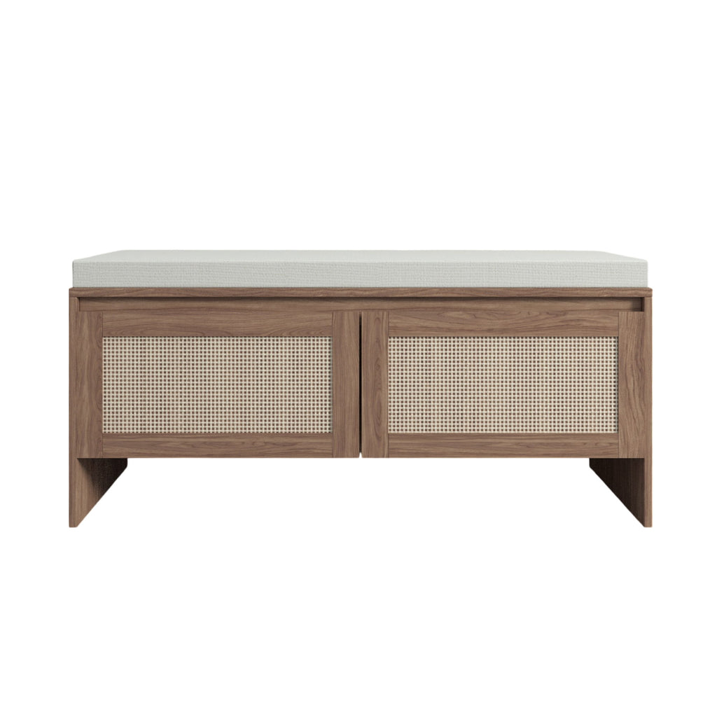 Storage Bench With Cushion, Shoe Cabinet With 2 Doors - Antique Natural / Rattan