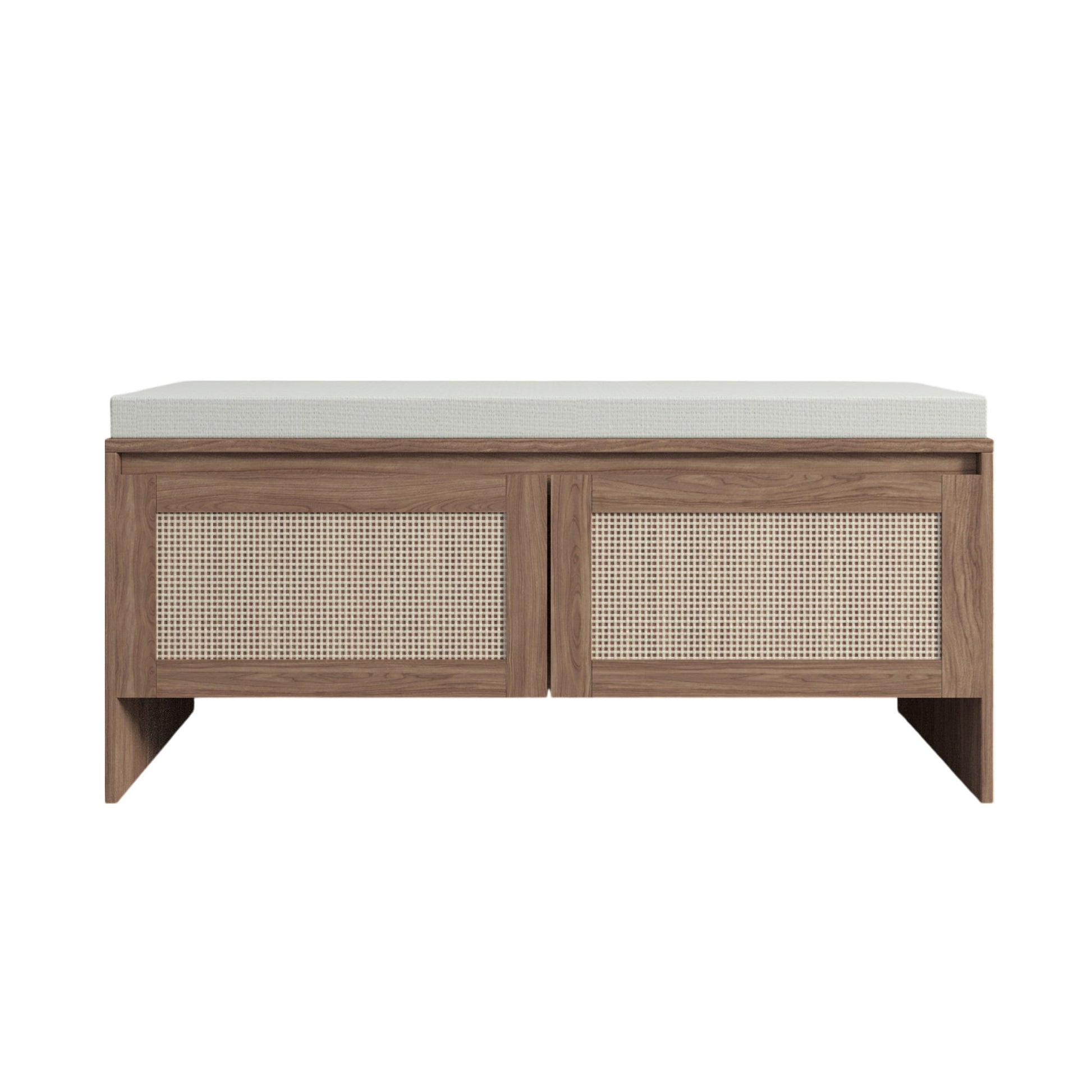 Storage Bench With Cushion, Shoe Cabinet With 2 Doors - Antique Natural / Rattan