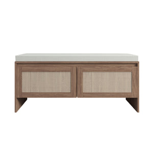 Storage Bench With Cushion, Shoe Cabinet With 2 Doors - Antique Natural / Rattan
