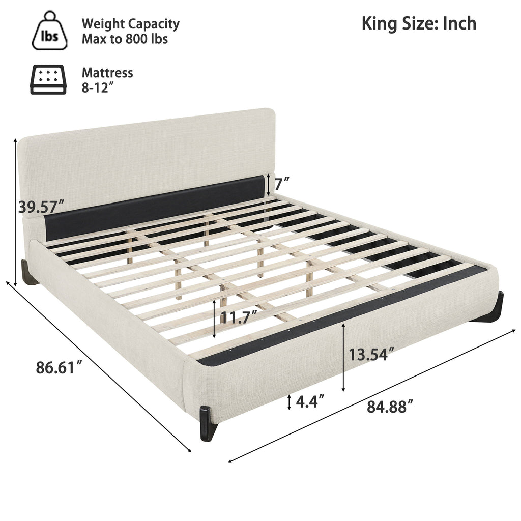 King Upholstered Bed With Slats Support - Beige