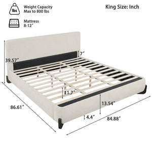King Upholstered Bed With Slats Support - Beige