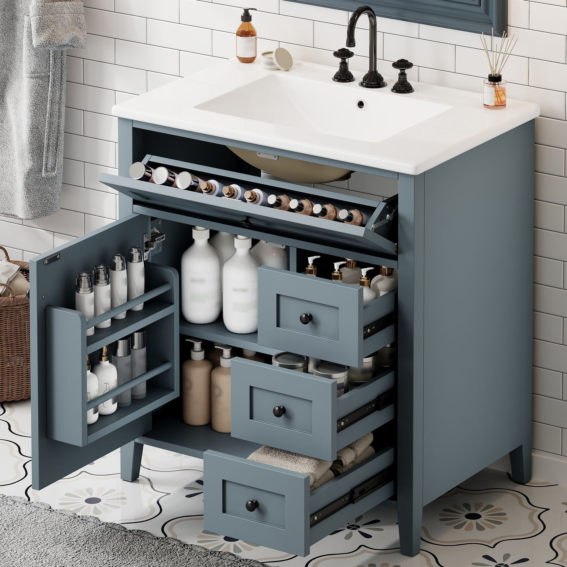 Bathroom Vanity With Sink, 3 Drawers And Adjustable Shelf