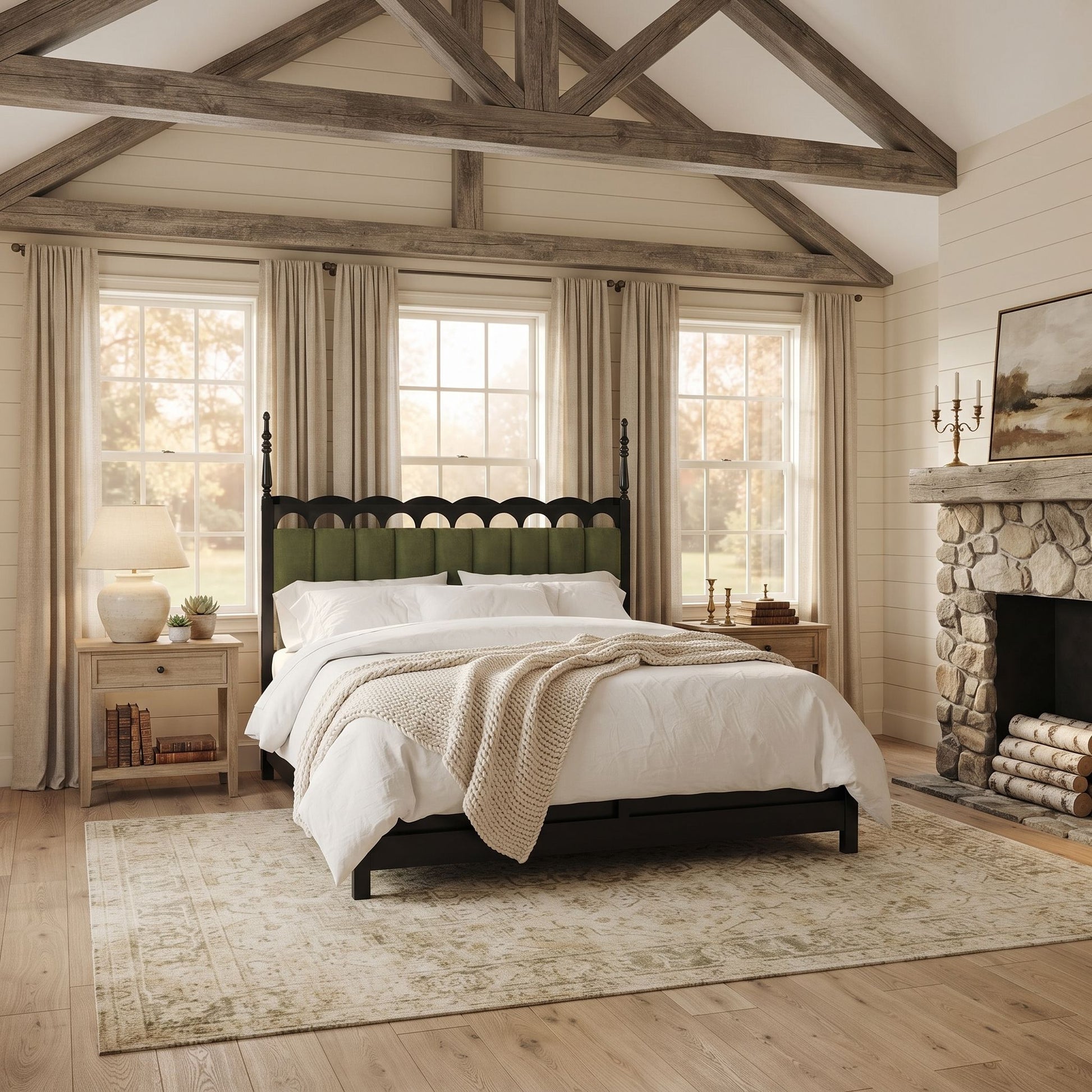 Platform Bed Frame With Tufted Upholstered Scallop Headboard