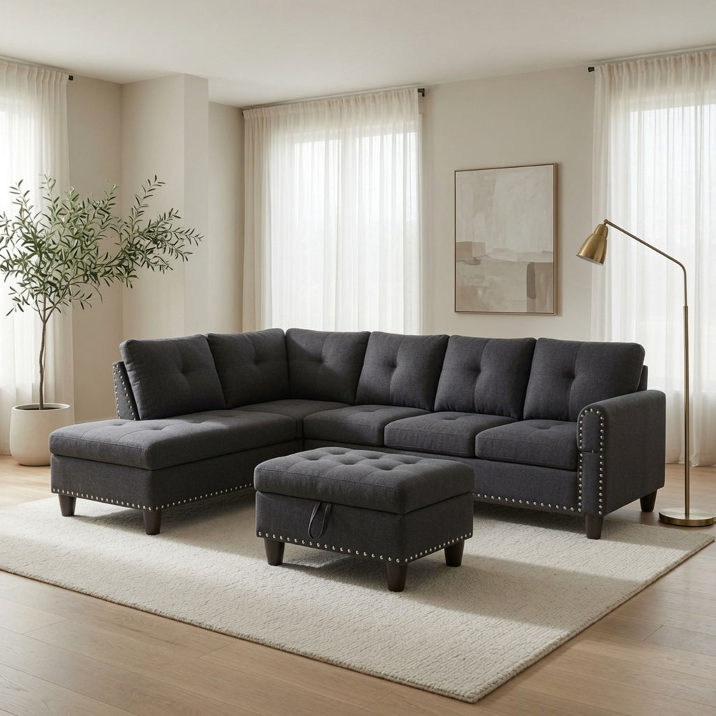 L - Shaped 3 Piece Sectional Sofa With Chaise, Storage Ottoman & Cup Holders