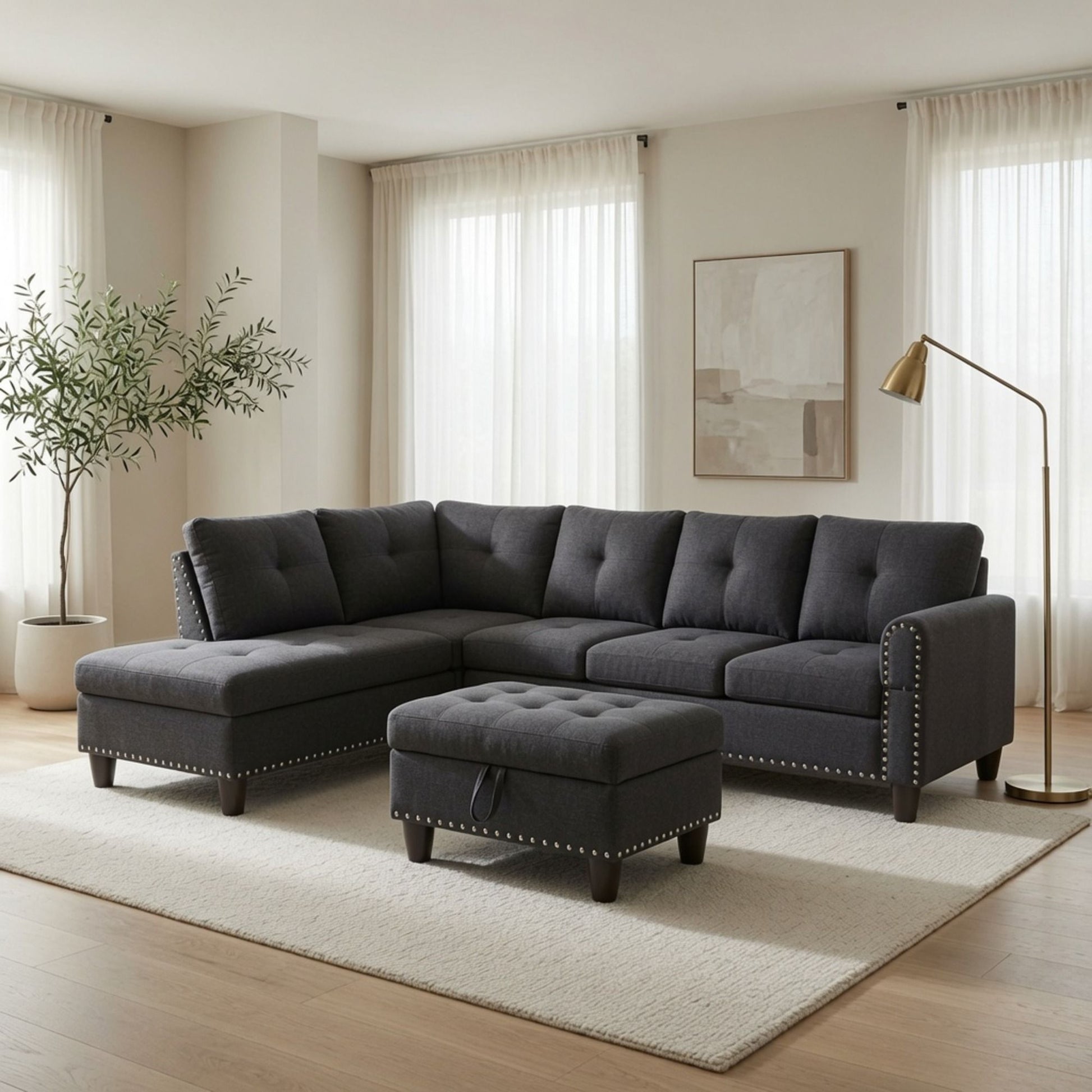 L - Shaped 3 Piece Sectional Sofa With Chaise, Storage Ottoman & Cup Holders