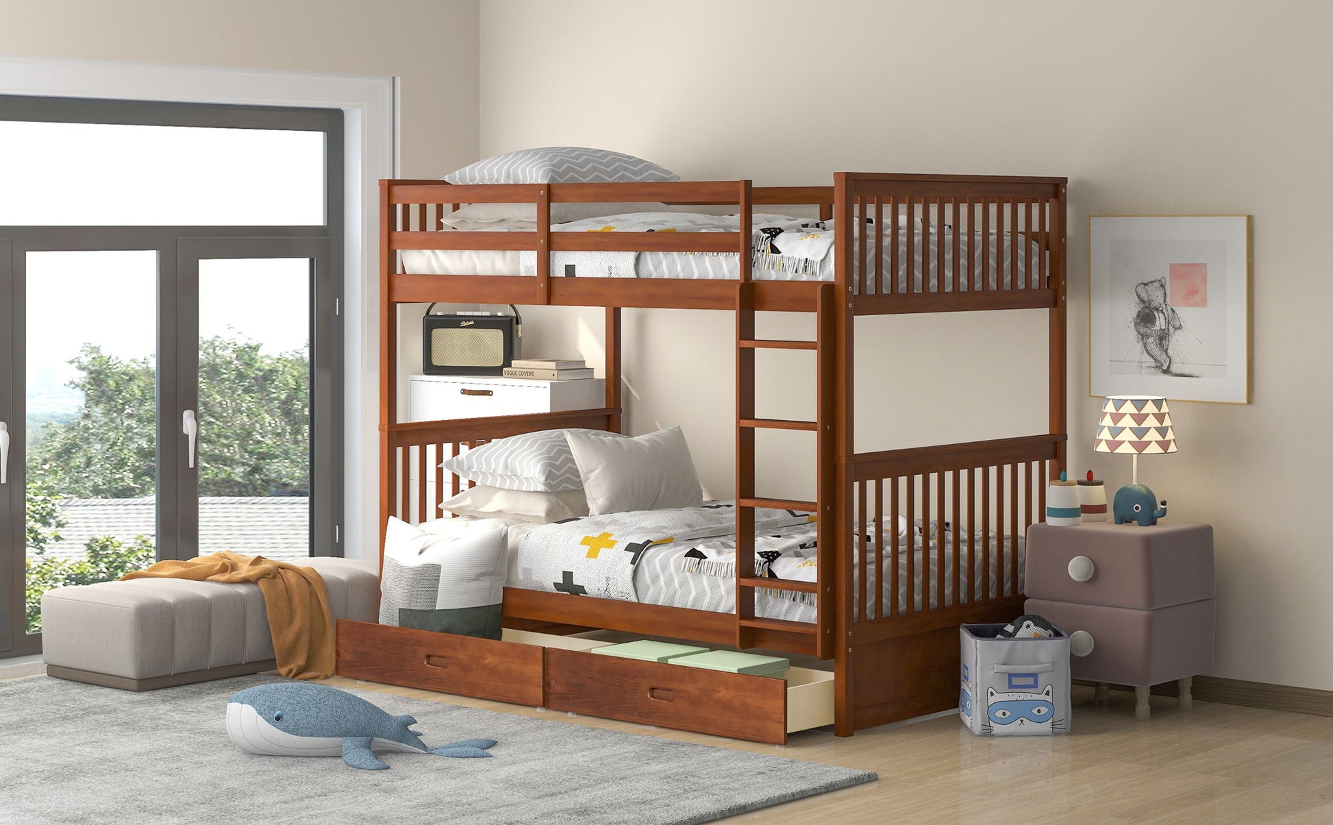 Bunk Bed With Ladders And 2 Storage Drawers