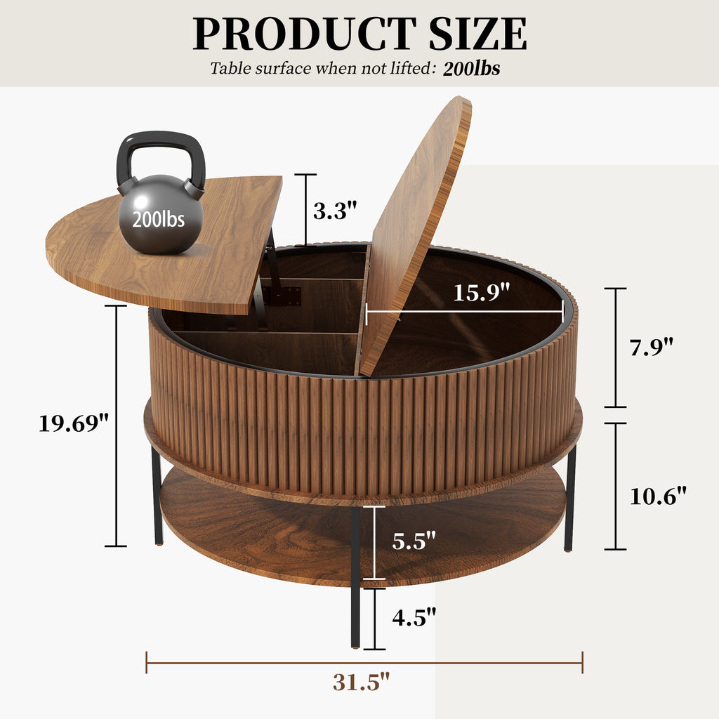 Lift Top Coffee Table, Round Storage Cocktail Table With Reinforced Legs, Safe Rounded Design - Brown
