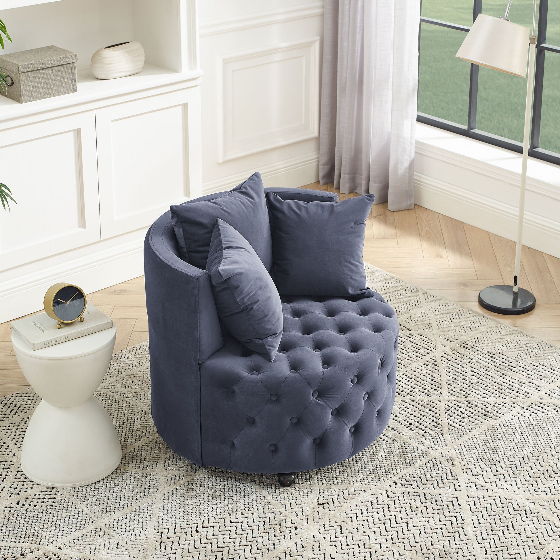 Modern Upholstered Swivel Chair With Button Tufted Design And Movable Wheels
