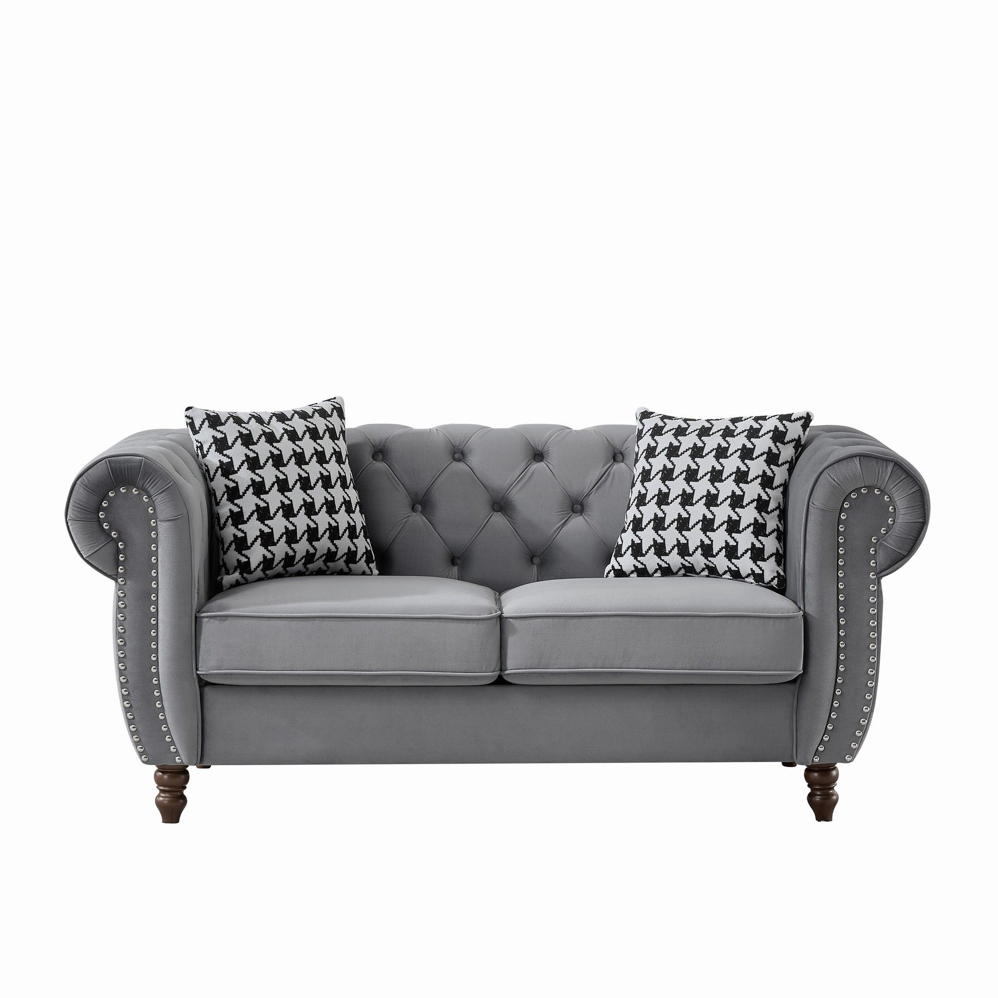 Chesterfield Velvet Upholstery Fabric Loveseat With Roll Armrest And Nailhead